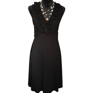 INC Black Sleeveless Ruffle V-Neck Dress Womens Size L Polyester Blend Knee Leng